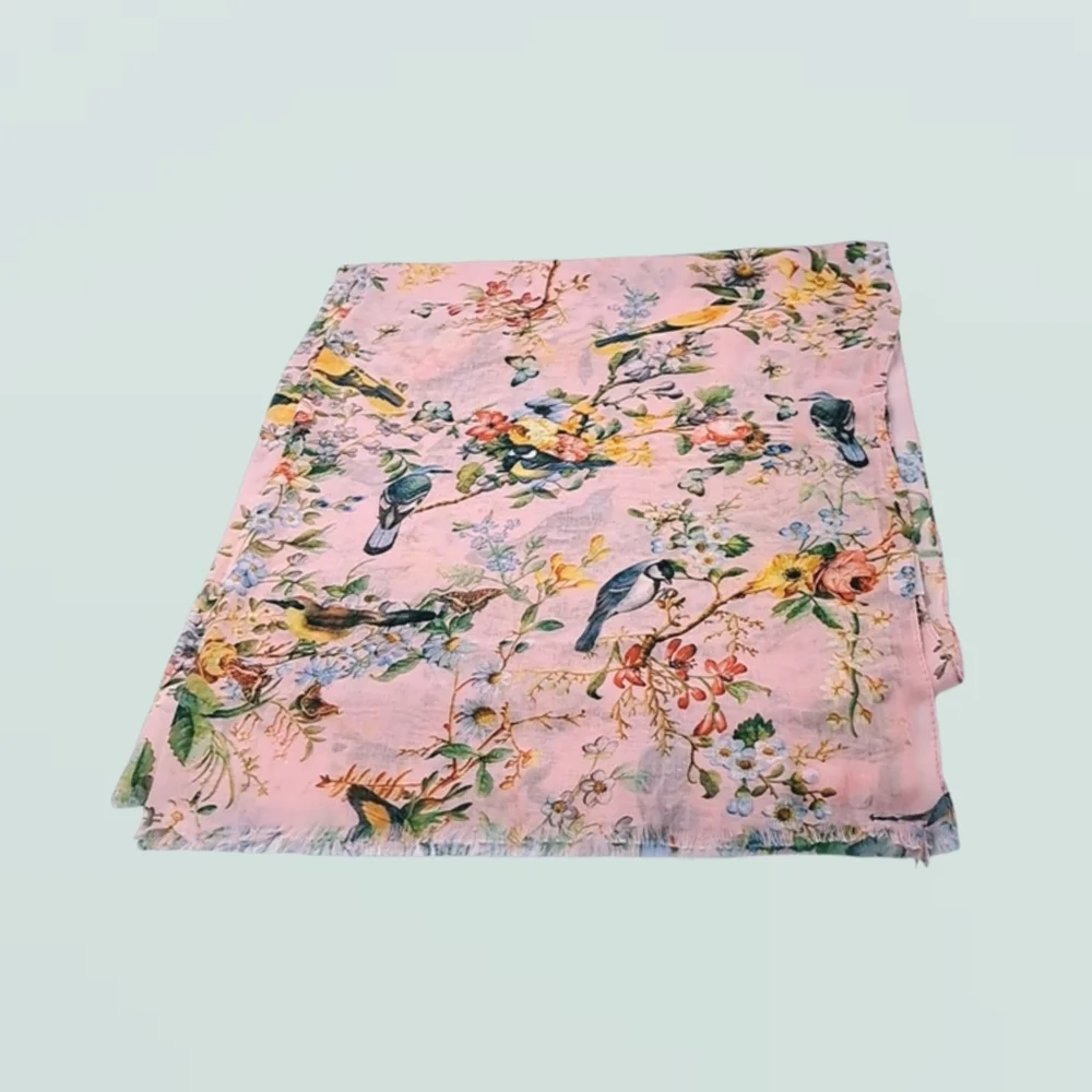 2 Chic ~ Pink Semi-transpatent Scarf with Colorful Birds and Flowers